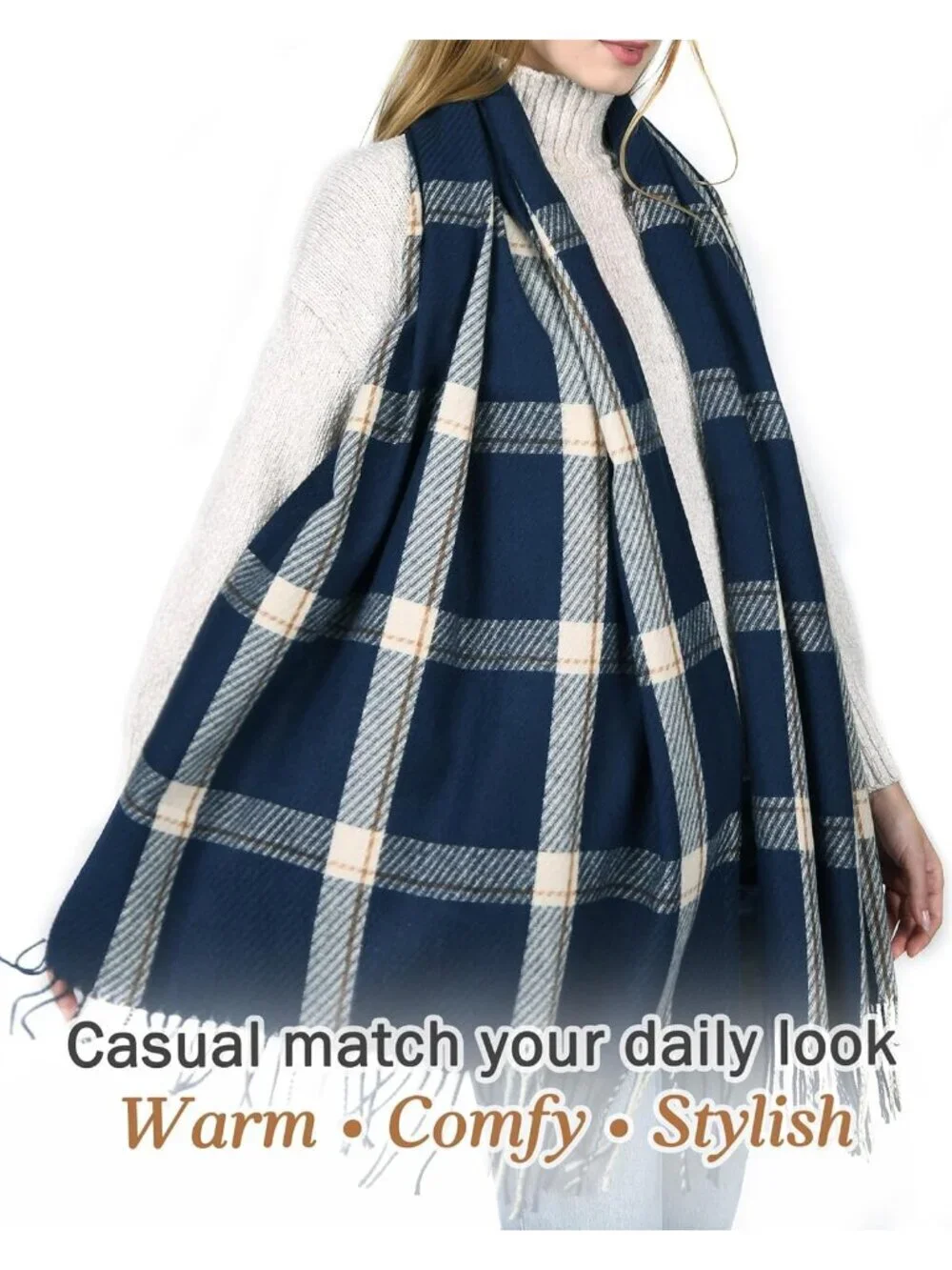Women's Navy Shawl Soft Tassel Plaid Large Scarves Wraps Neck Scarves